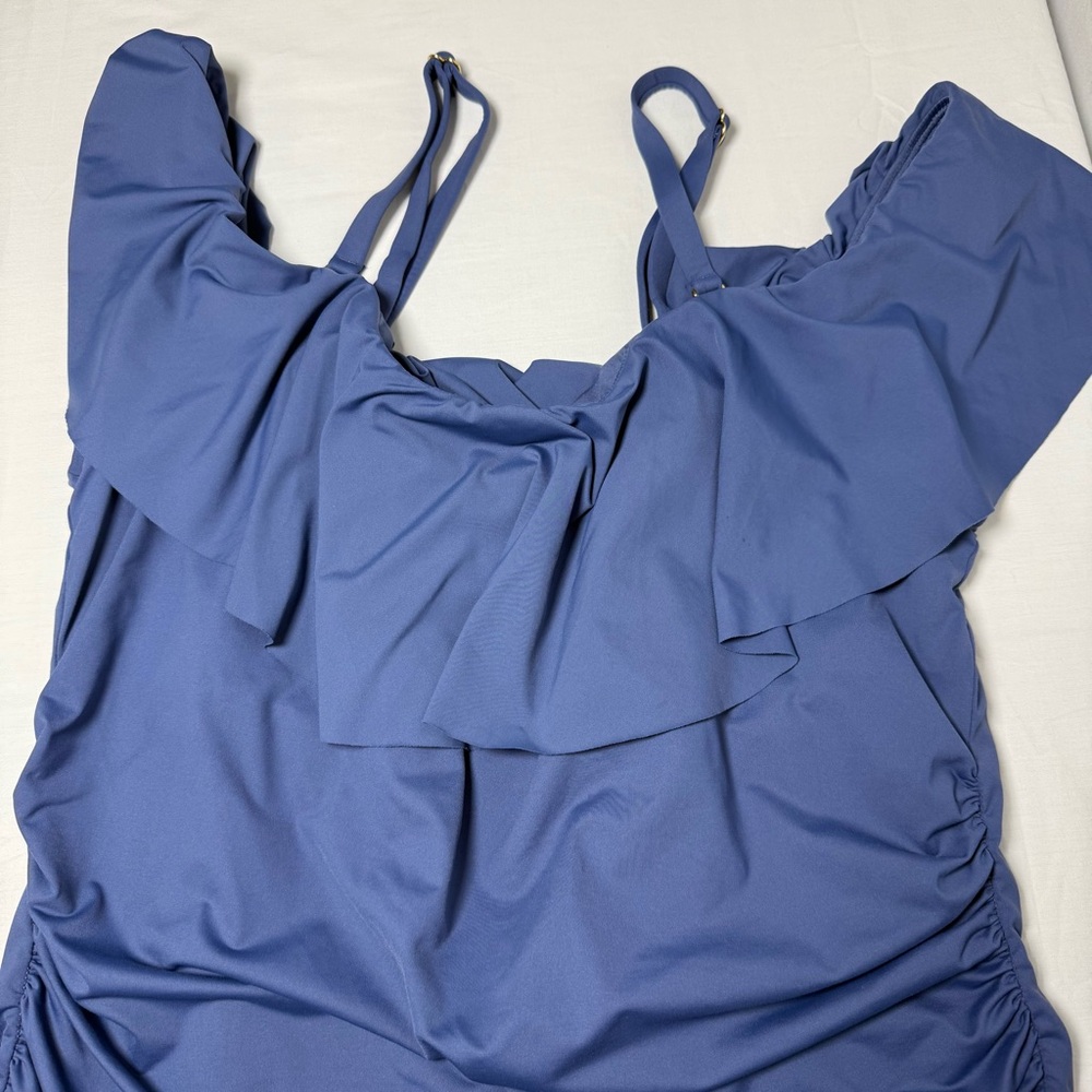 La Blanca Island Goddess Off Shoulder Ruffle One Piece Swimsuit Indigo 20W New - Picture 7 of 14